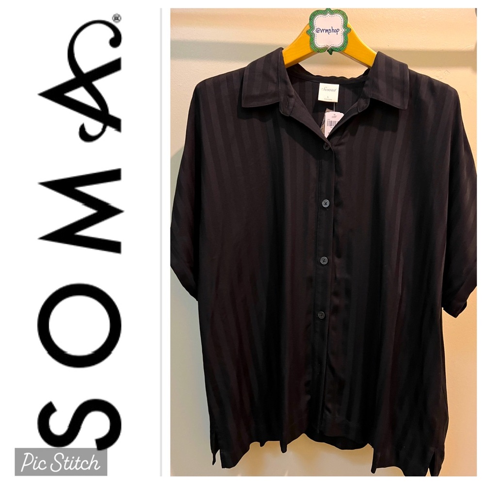 NWT SOMA Elegant Black Pajama Top with collar & cuffed short sleeves, Sz L